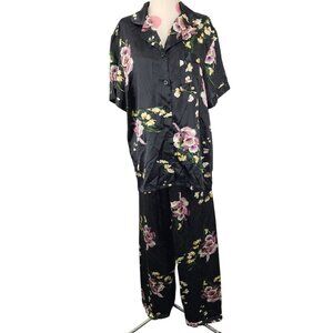 Women's Lavenderi Floral Satin Pajamas Set Black Large Shirt Pants Lounge PJ's